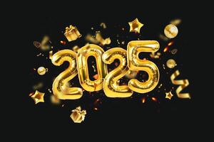 Golden balloons 2025 with confetti, gold mirrored balloon party, stars, gifts and sparks hover on a black background. Happy New Year 2025 creative. photo