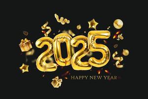 Gold balloons 2025 with confetti, gold mirrored balloon party, stars, gifts and golden snake on a black green background. Happy New Year 2025 creative. Golden Snake photo