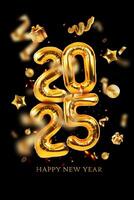 Premium golden balloons 2025 with Happy New Year with confetti, gifts, snake, pine cones and stars on a black background. New Year vertical card photo