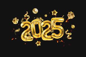 2025 New Year golden balloons with confetti, gifts and mirror party ball flying on a black background. Luxury Happy New Year 2025 card. photo