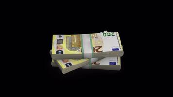 stack av 200 euro räkningar 3d sömlös roterande slinga animering isolerat på alfa kanal transparent bakgrund video
