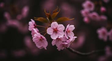 Delicate pink cherry blossoms blooming in spring with soft background blur photo