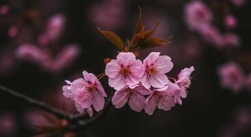 Delicate pink cherry blossoms bloom gracefully on a branch in spring photo