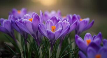 Captivating purple crocus flowers blooming with vibrant orange stamens in spring photo