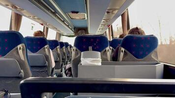 An Interior View of a Modern Bus Designed Specifically for Comfortable Passenger Travel photo