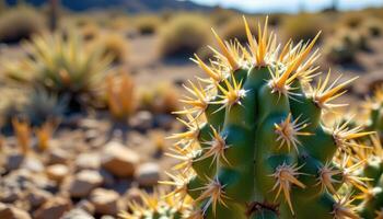 close up view of a cactus with sharp spines glistening under the midday sun in a dry desert environment. photo