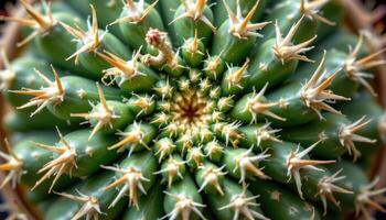 close up view of cactus thorns arranged in a mathematical spiral across its surface. photo