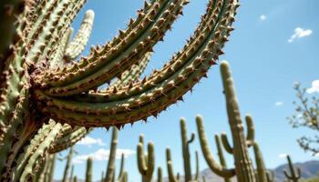 close up view of cactus arms forming abstract shapes against the desert sky. photo