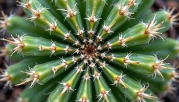 close up view of a cactus viewed from above, showing perfect radial symmetry of spines and ribs. photo