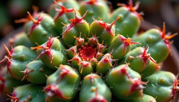 close up view of a unique cactus with red tinted edges on its thick pads. photo