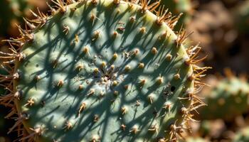 close up view of a cactus casting intricate lace like shadows across itself in strong desert light. photo
