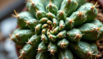 close up view of a segmented cactus with unique spiral growth captured from a side angle. photo