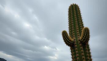 close up view of a cactus standing against an overcast sky, its edges sharply defined. photo