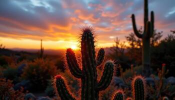 close up view of a cactus captured at twilight, its silhouette accented by fading orange light. photo