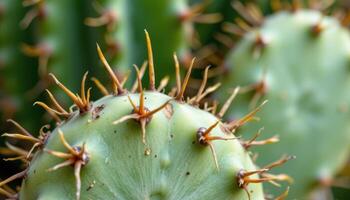 close up view of a smooth skinned cactus contrasted by sharp, dense spines. photo