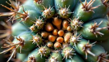 close up view of a cactus with flower buds emerging from deep within its spines. photo