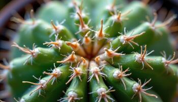 close up view of a cactus forming star shaped needle clusters, viewed with macro clarity. photo
