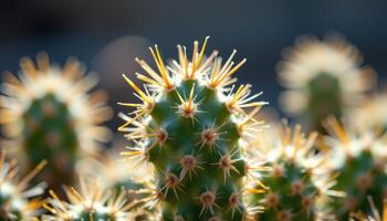 close up view of a cactus with light streaming through its spines, creating a glowing aura. photo