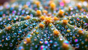 close up view of a cactus with thousands of tiny water droplets refracting colored light. photo