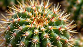 close up view of a cactus with multicolored spines varying from yellow to deep red. photo