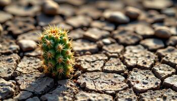 close up view of a cactus growing from mineral stained ground with complex soil patterns. photo