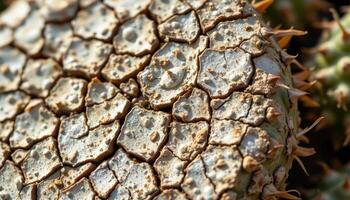 close up view of a desert cactus with cracked skin and aged texture, revealing decades of harsh weathering. photo