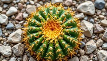 close up view of a round barrel cactus with golden spines radiating from its center in a dry rocky setting. photo