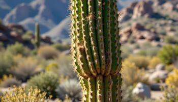 close up view of a saguaro cactus showcasing its ribbed trunk and rugged desert background blurred. photo