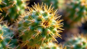 close up view of a cactus with ribbed sides and clusters of fine, golden thorns glinting in the light. photo