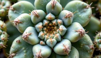 close up view of a succulent cactus with thick, fleshy pads covered in symmetrical needle groups. photo