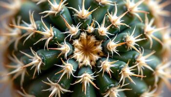 close up view of a cactus with a dense arrangement of star like spines covering its spherical surface. photo