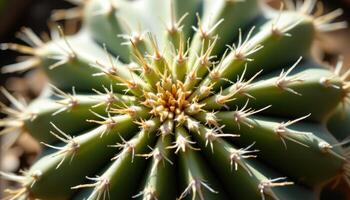 close up view of a cactus with its spines forming a radial starburst design under bright daylight. photo