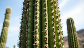close up view of a tall columnar cactus showcasing its vertical ribs and tough green skin under a clear sky. photo