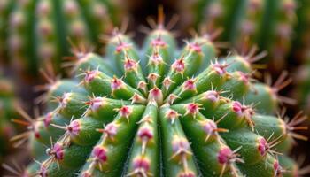close up view of a multicolored cactus with green, red, and yellow hues on its ridged surface. photo