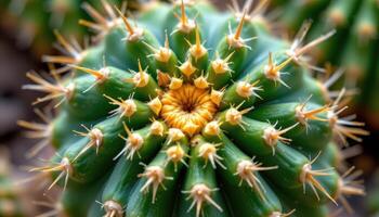 close up view of the surface of a cactus displaying a honeycomb like pattern of spines. photo