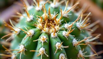 close up view of a cactus stem showing fine hair like bristles surrounding each areole. photo