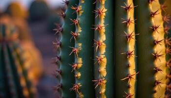 close up view of a cactus in twilight, with cool colors and long shadows across its body. photo