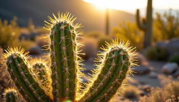 close up view of a cactus wrapped in a golden halo of afternoon desert light. photo