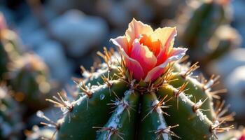 close up view of a cactus blooming in rare winter light, with ice crystals clinging to its ribs. photo