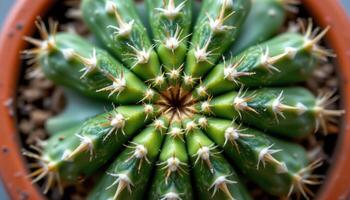 close up view of a miniature cactus with symmetrical radial growth captured from directly above. photo