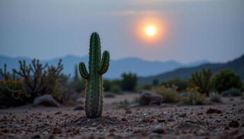 close up view of a cactus standing alone in dry soil, illuminated by diffused moonlight. photo