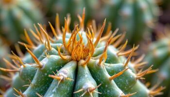 close up view of a cactus sprouting new segments with tiny thorns. photo