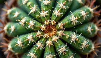 close up view of a perfectly symmetrical cactus with star shaped spine clusters in sharp detail. photo