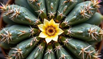 close up view of cactus needles forming symmetrical rings around a blooming flower at the center. photo