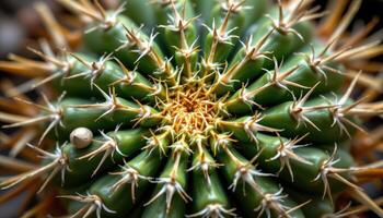 close up view of a cactus with thorns so dense they form a nearly opaque shell. photo