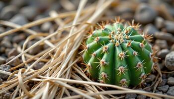 close up view of a cactus resting beside dried grasses, with its spines in gentle contrast. photo