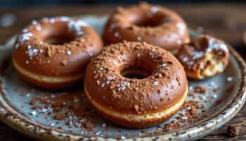 close up view of chocolate filled donuts dusted with cocoa powder and set on a rustic plate. photo