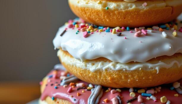 close up view of a three layered donut cake with different icing on each tier. photo