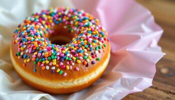 close up view of a donut covered in colorful sugar crystals sitting on pastel paper wrap. photo