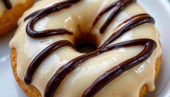 close up view of a vanilla glazed donut with chocolate drizzle swirled artistically on top. photo